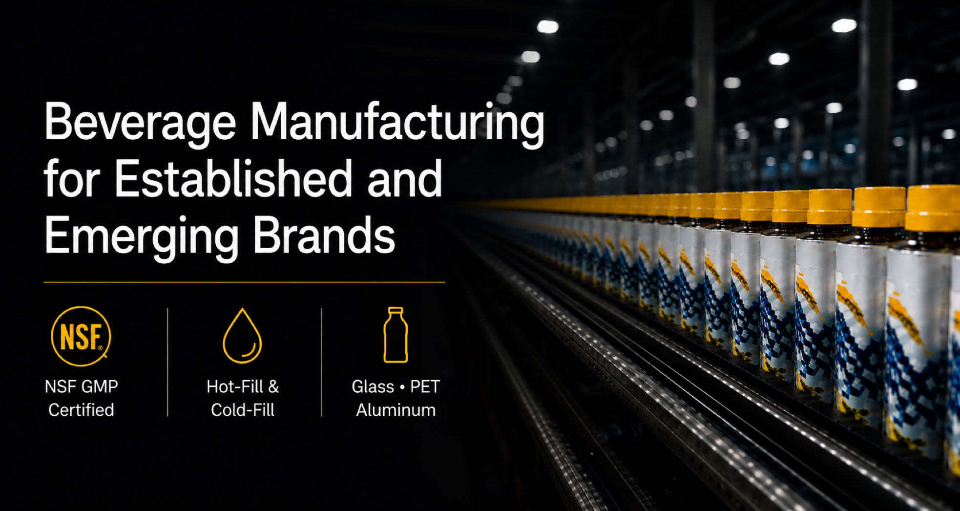 Protein drink bottles on conveyor at Nutrition Labs beverage co-packing facility in Clearwater, Florida