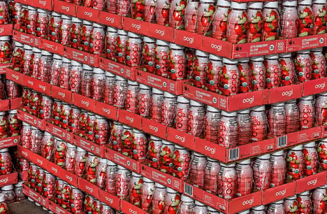 Beverages packed in trays for Costco and stacked on pallets for distribution at Nutrition Labs 